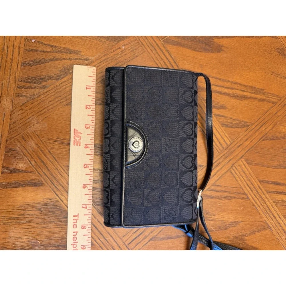 Ladies BRIGHTON Crossbody Organizer Clutch Wallet - Black Leather & Heart Fabric